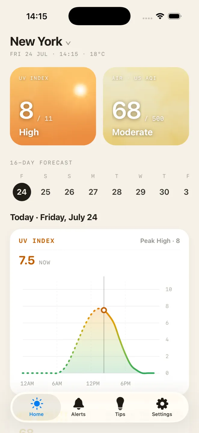 Skyvo home screen for New York showing UV index 8 (High), air quality 68 (Moderate), the 16-day forecast, and the UV curve for the day