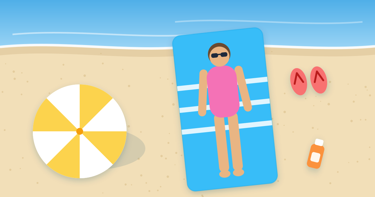 Flat illustration seen from above of a person sunbathing on a striped blue towel on the beach, next to a beach umbrella, flip flops, and a bottle of sunscreen